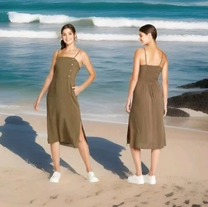 xhilaration womens sundress solid olive green 100% rayon spaghetti strap midi - Picture 1 of 2