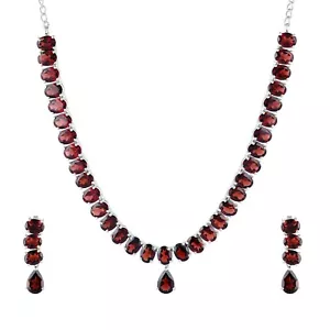 Red Garnet Earrings Necklace Set Oval Cut Gemstone 925 Sterling Silver Jewelry - Picture 1 of 2