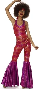 Costume 70s Foxy Lady Jumpsuit Adult SZ Med Wig & Jewelry Theme Party Halloween - Picture 1 of 16