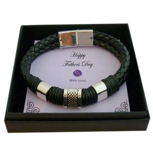 Gift for Dad on Fathers Day, Leather Bracelet in Gift Box, Black, Brown, Daddy - Picture 1 of 8