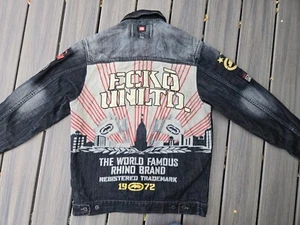 ECKO UNLTD Jacket Mens LARGE Black Patches Distressed Button Denim - Picture 1 of 14