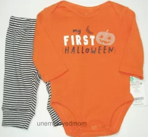 Halloween Outfit My First 2 pc Set Moon Pumpkin Baby Boys Bodysuit Pants NB - Picture 1 of 4