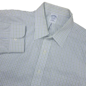 Brooks Brothers Slim Fit Mens 17.5-33 White Blue Green Check Button Up Non Iron - Picture 1 of 6