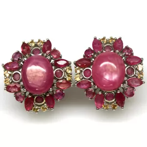 Gemstone Pink Red Ruby & Yellow Sapphire Earrings 925 Silver White Gold - Picture 1 of 4