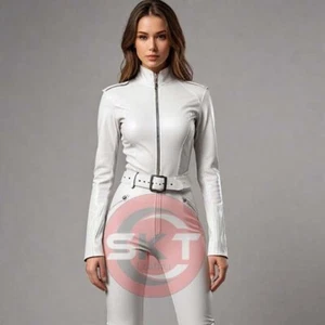 Womens Genuine White leather catsuit jumpsuit long zipper sexy dress With Belt - Picture 1 of 3