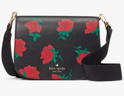 Bolso Kate Spade Madison Saddle Negro Cartera Saffiano KE533 Rosas Rojas Nuevo con Etiquetas Precio de venta sugerido por el fabricante $349 Foto 1 de 4