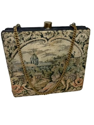 VINTAGE TAPESTRY PURSE With CHANGE PURSE,  VICTORIAN COURTING COUPLE Brass Latch - Image 1 of 4