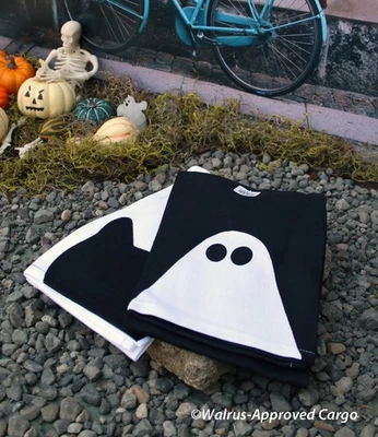 CRATE & BARREL GHOST AND BLACK CAT DISH TOWELS (2) -NWT- SCARE UP KITCHEN HELP! - Image 1 of 4