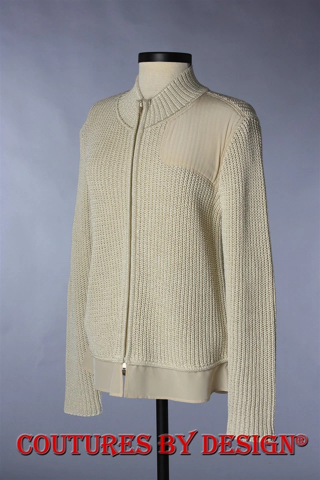 Chaqueta Suéter St John Knits Punto Acanalado Completo Seda Contraste Cebada Talla Lg Nueva con Etiquetas $745 Foto 1 de 2