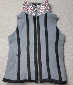 Isländisches Design Damen 100 % Wolle Weste klein grau schwarz Streifen Reißverschluss vorne Strick - Bild 1 von 9