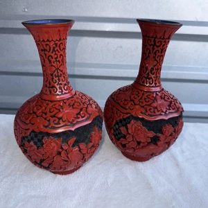 Vintage passende chinesische Zinnober Vasen mit blauer Emaille Messing Innenausstattung - Bild 1 von 4