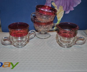 VTG S/4 INDIANA GLASS Whitehall Ruby Flash 2 Cup KING'S Crown Creamer Sugar Bowl - Picture 1 of 4