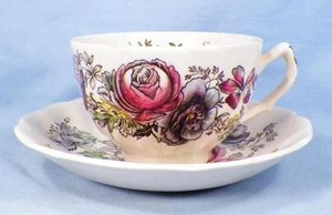 2 Johnson Brothers Sheraton Cups & Saucers Flat Multi Color Transfer Vintage - Picture 1 of 5