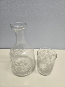 Vintage Clear Etched Glass Bedside Carafe and Matching Glass Cup Floral 7.5" Tal - Picture 1 of 9
