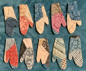 10 PRIMITIVE CUTTER QUILT MITTENS! CHRISTMAS! BLUE RED BURGUNDY BLACK - Picture 1 of 3