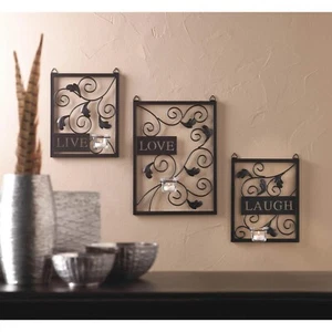 Live Love Laugh Metal Wall Art Hanging Sculpture Candle Sconce Home Decor Set - Picture 1 of 6