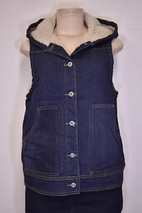 Ladies jacket vest denim dark wash faux fur lined hoddie size M &XL #BGA-0285 - Picture 1 of 4