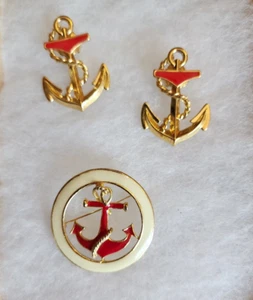 Vtg Enamel Red White Gold-Tone Nautical Anchor Brooch & Pierced Earring Set - Picture 1 of 2