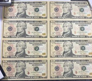 2009 $10 FRN Partial Uncut Sheet (8) Notes With Tube Item 9316 - Picture 1 of 11