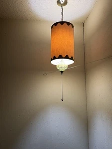 Two Vtg 70s Swag Lamp Green glass Decor W Shade light fixture MCM - Picture 1 of 5