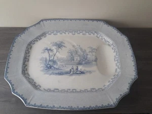 Huge Antique Victorian Blue and White Serving Platter with Sauce Reservoir - Picture 1 of 6