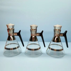 MCM Atomic Inland Glass Coffee Carafe, Set of 3 Mid Century Modern Silver Stripe - Picture 1 of 12