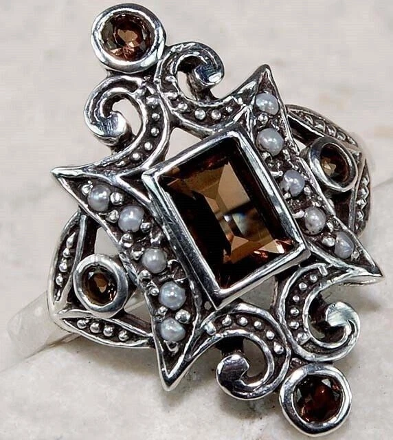 Anillo artístico vintage de plata de ley 925 con topacio ahumado natural de 1 quilate talla 7 F5-1 Foto 1 de 2