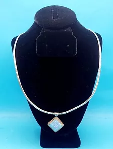 Vtg Navajo Signed OTT Sterling Blue Square Opal Pendant 925 Omega Chain Necklace - Picture 1 of 8