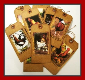 BARNYARD CHICKENS AND ROOSTERS - PRIMITIVE HANG TAGS - SET OF 12 - Picture 1 of 3