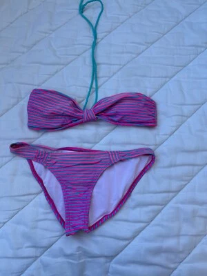 Vintage Striped Pink And Blue Bikini Set Size M Retro Bandeau Top Swimsuit - Image 1 of 4