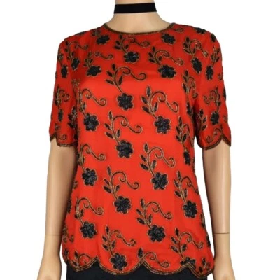 Blusa Stenay vintage de los 80’s para mujer con cuentas ropa de noche roja manga corta mediana  Foto 1 de 4
