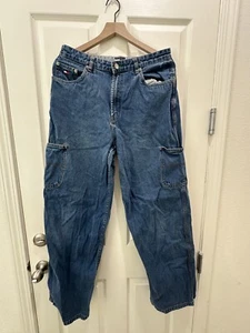Vintage Tommy Hilfiger Baggy Cargo Jeans Damen Größe 12 Flagge Logo Pattentaschen hinten - Bild 1 von 10