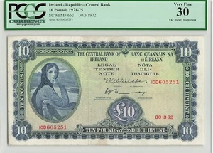 IRELAND 10 Pounds 1972, P-66c, PCGS 30 Original Very Fine, Large Sized Banknote - Picture 1 of 2