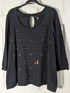 Lane Bryant Pullover schwarz Baumwollmischung Top funkelnde Perlen 3/4 Ärmel Größe 26/28 - Bild 1 von 5