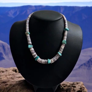 Vintage Handmade Heishi with 7 Turquoise Nuggets Necklace 20” - Picture 1 of 8