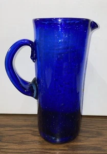 Unique Bubble Cobalt Blue Hand Blown In Mexico Cylinder Pitcher, Hechoen, Mexico - Picture 1 of 5