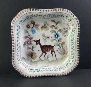 Vao Coimbra Portugal 17th Century Hand Painted Squared Bowl, Deer & Floral Motif - Picture 1 of 11