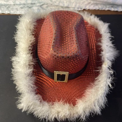 Christmas Felt Cowboy Hat w/Red Sparkles & Iconic Santa Claus Belt Buckle Design - Image 1 of 4