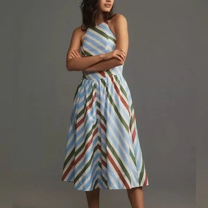 NWT Anthropologie Maeve Halter Midi Sundress Women’s Small Striped Cotton - Picture 1 of 9