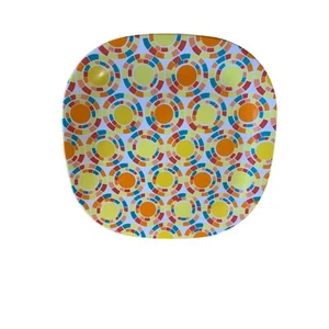 Hard Plastic Dinner Plates Set of 2 Square 11 in Diameter Yellow Orange Circles - Picture 1 of 4