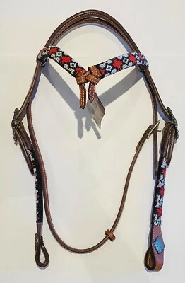 Tabelo Knotted Brow Headstall with Conchos & Beaded Trim In Black, Red, & White - Image 1 of 3