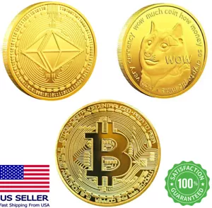 3Pcs Dogecoin bitcoin Ethereum ETH Coins Gold Commemorative Physical Crypto Coin - Picture 1 of 9
