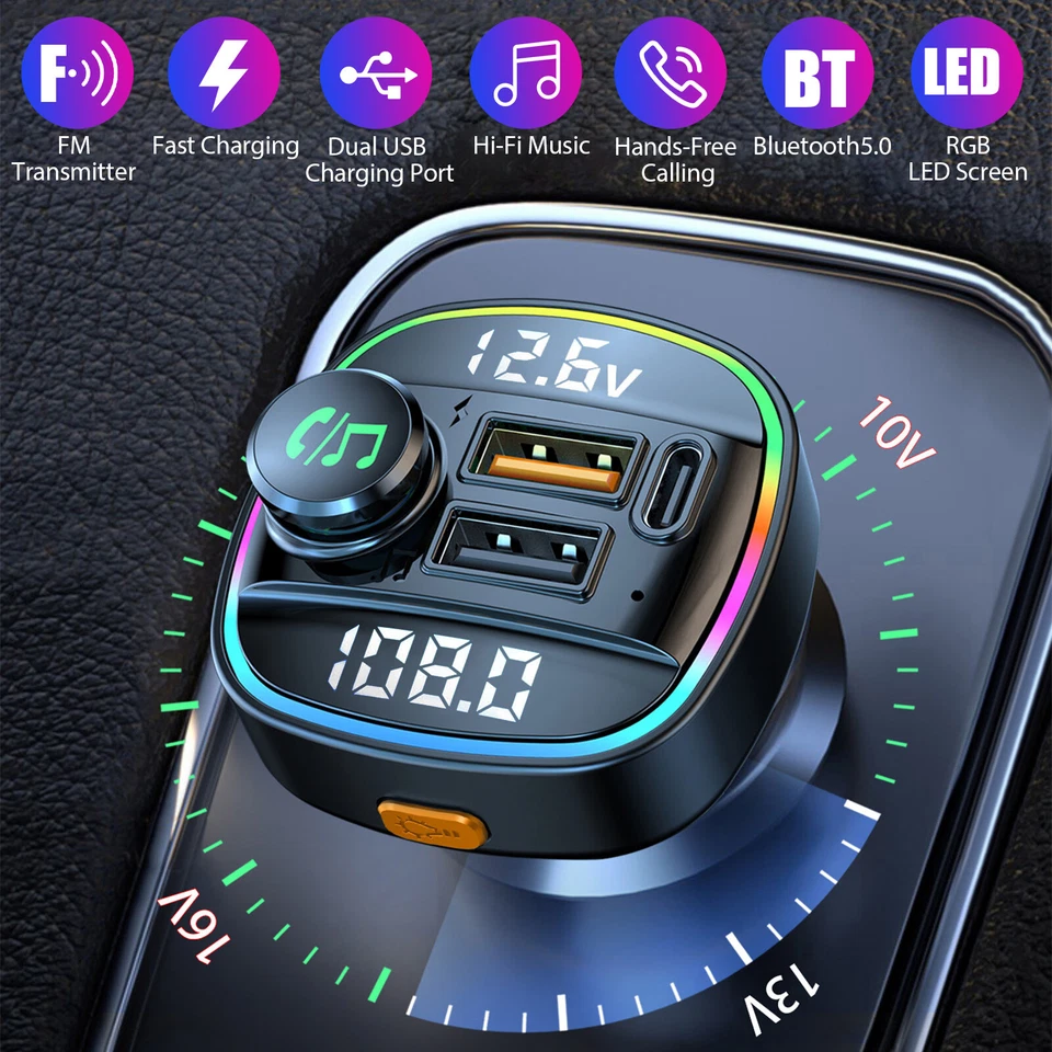 Wireless Bluetooth 5.0 Car FM Transmitter Mp3 Radio Adapter Kit Dual USB Charger