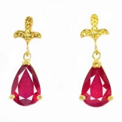 925 STERLING SILVER BLOOD RED RUBY PEAR 12x8 MM. FLOWER DANGLE EARRINGS - Image 1 of 4