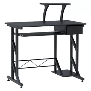 Compact Computer Table Wooden Desk Keyboard Tray Drawer Shelf PC Rack Dorm Black - Picture 1 of 12