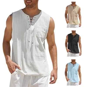 Herren Sommer Tank Top Ärmellos T-Shirt Schnür Design Einfarbig Shirt Locker - Bild 1 von 29