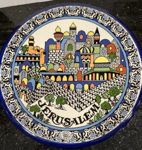 Armenian Style Plate Jerusalem 8.5”Ceramic City Walls Old City View Blue Hanging - Picture 1 of 6