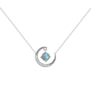 925 Sterling Silver 18" Necklace Opal CZ Stones Moon Crescent Pendant Gift PE55 - Picture 1 of 8