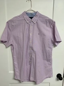 VTG Tommy Hilfiger Shirt Mens XXL Lilac Stripe Button Up Short Sleeve, No Pocket - Picture 1 of 4