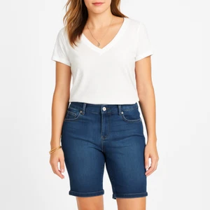 Nine West Denim Bermuda Shorts Womens Size 6 Casual Rolled Hem Mid Rise Med Wash - Picture 1 of 14